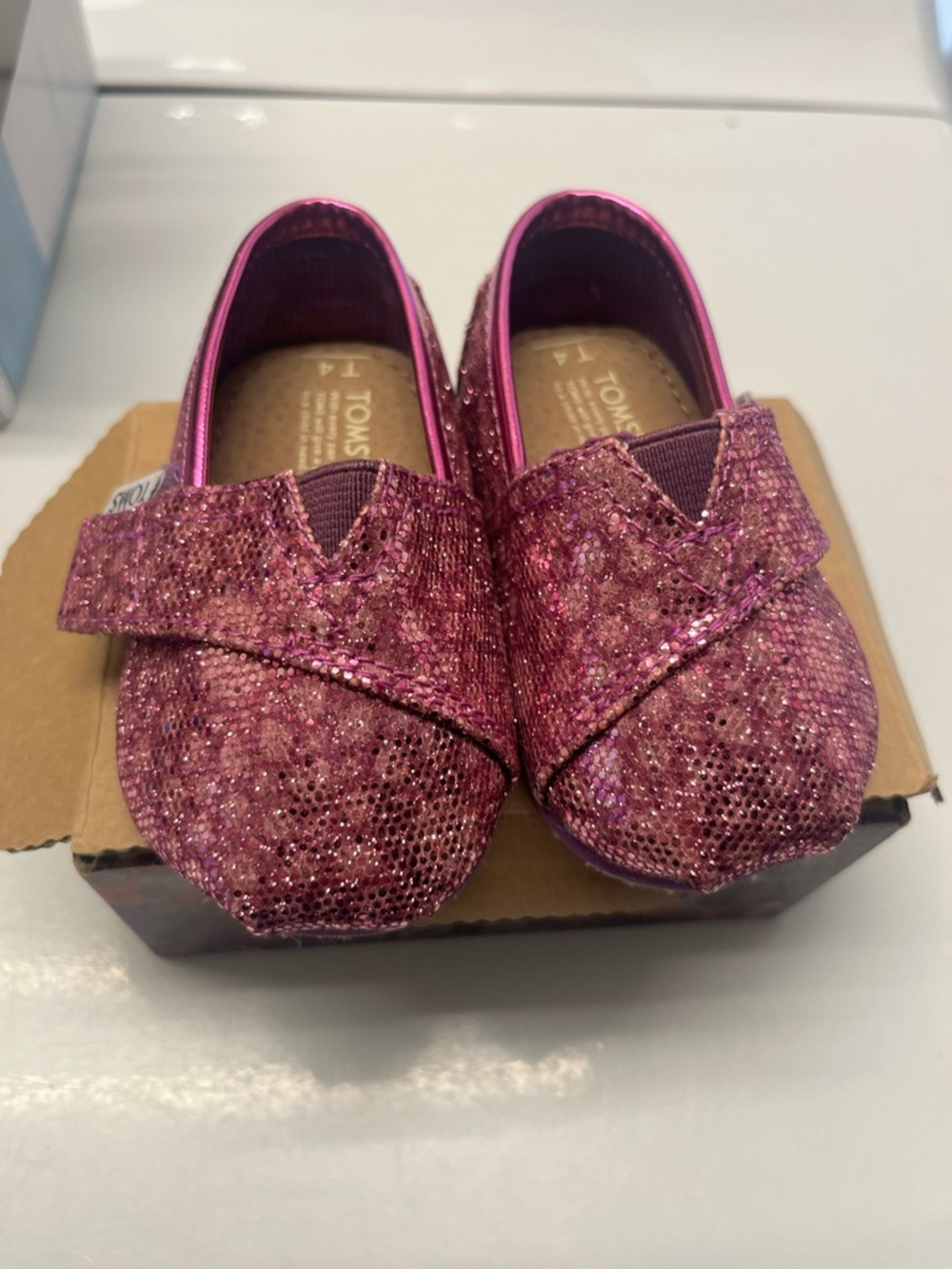 TOMS Girls Sparkle Pink Velcro Slip-On Shoes